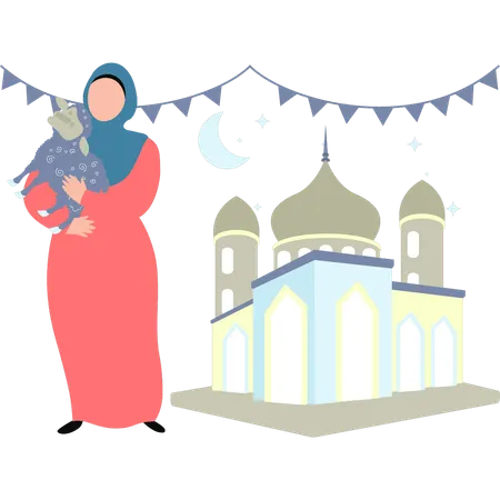 Woman is standing outside a mosque  Illustration