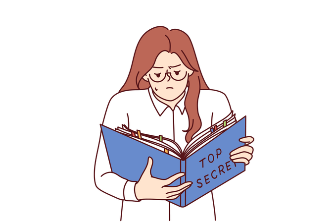 Woman is studying secret documents  イラスト