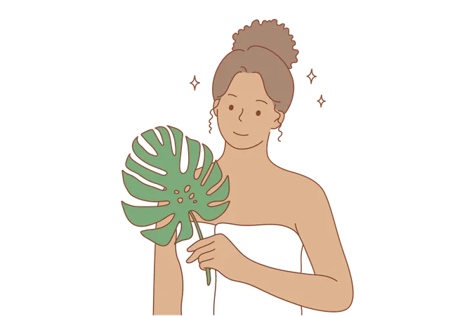 Beauty Makeup Ecology Advertising Concept Young Happy Smiling African American Woman Girl Cartoon Character Standing In Towel And Green Leaf Looking At Camera Bio Or Eco Creams And Oils Promotion Illustration