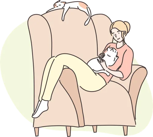Woman is taking care of her little puppy  イラスト