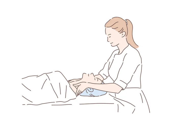 Massage Spa Treatment Health Concept Young Competent Therapist Makes Therapy Female Client Happy Girl Gets Pleasure From Touch Of Professional Doctor At Reception Relax Comfort Simple Flat Vector Illustration