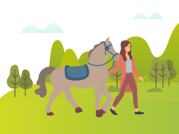 Woman is taking her horse on walk  Illustration