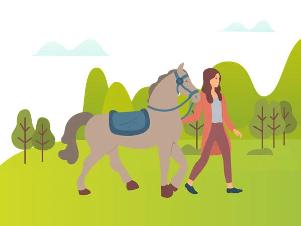 Woman is taking her horse on walk  Illustration