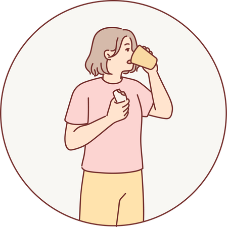 Woman is taking medicines with glass of water  Illustration