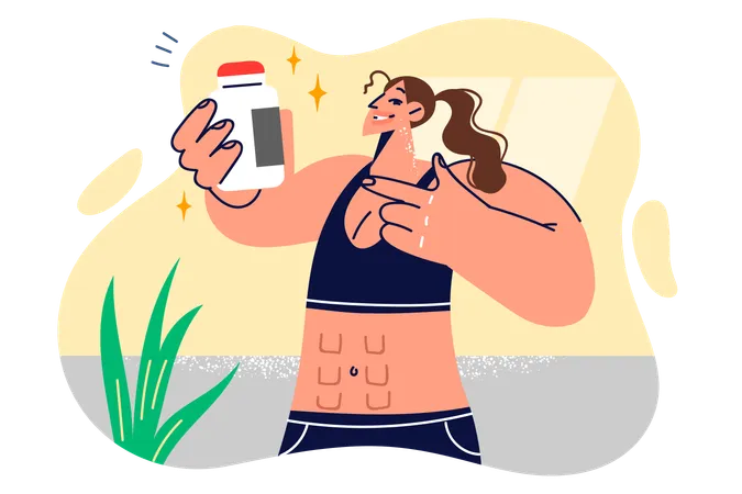 Woman is taking protein tablets  Illustration