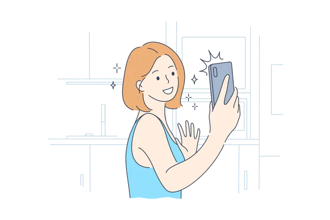Technology Selfie Lifestyle Social Media Mobile Concept Young Happy Smiling Woman Girl Cartoon Character In Great Mood Taking Picture Making Selfie On Smartphone In Kitchen For Social Network Illustration