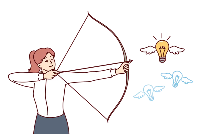 Woman Hunting For New Ideas Holding Bow And Arrow And Aiming At Flying Light Bulb To Achieve Business Goals Concept Brainstorming To Obtain Ideas And Self Realization For Ambitious Company Manager Illustration