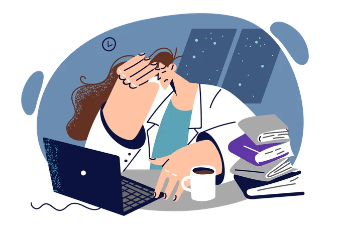 Tired Woman Office Worker Working At Night Sitting At Table With Account Books And Laptop Tired Girl Suffers From Overwork Problems Caused By Bad Bosses Or Lack Of Time Management Skills Illustration
