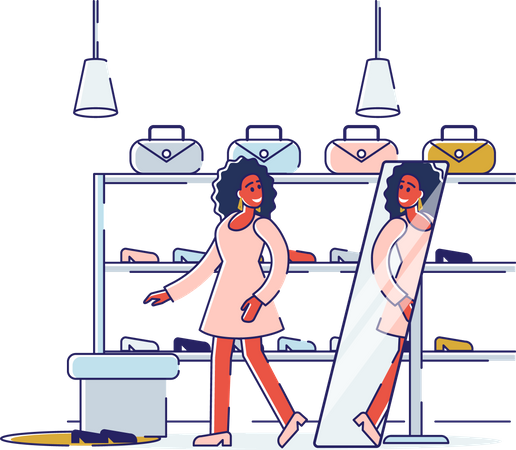 Woman is Trying On Shoes Before The Mirror in Footgear Store Illustration