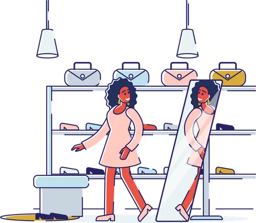 Concept Of Shopping In Footwear And Accessories Store Woman Is Trying On Shoes Before The Mirror In Footgear Store Shop With Shoes And Accessories Cartoon Linear Outline Flat Vector Illustration Illustration