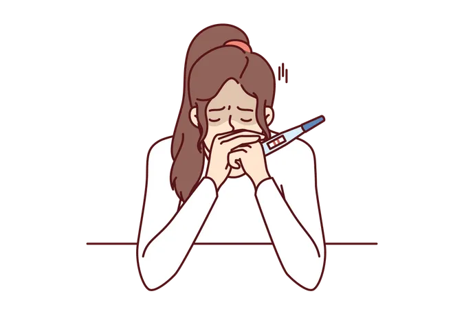 Frustrated Pregnancy Woman Is Crying Holding Pregnancy Test With Two Strips And Sitting At Table Concept Pregnancy And Need For Family Planning Or Problems Associated With Rejection Of Contraception Illustration