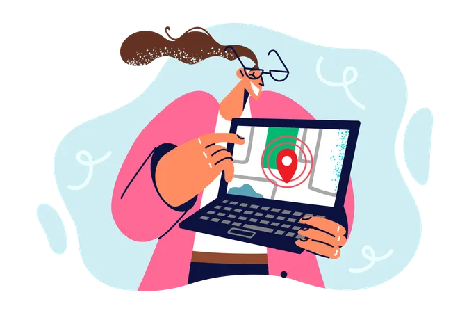 Woman With City Map In Laptop Is Tracking Delivery Courier Using GPS Navigation Software Positive Businesswoman Using Website With Map And Geotagging To Find Location Of Lost Device Illustration