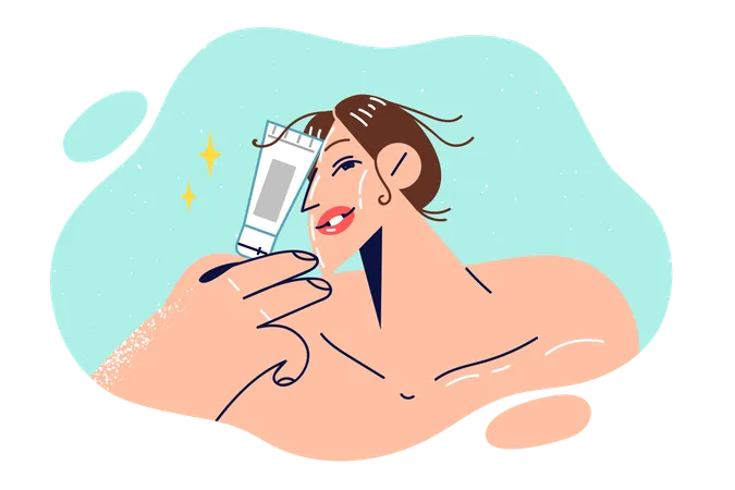 Woman Holds Cosmetic Cream In Tubes And Calls For Use Of Rejuvenating Gel To Get Rid Of Wrinkles On Face Young Girl With Bare Shoulders Wants To Do Rejuvenating Face Mask After Shower Illustration