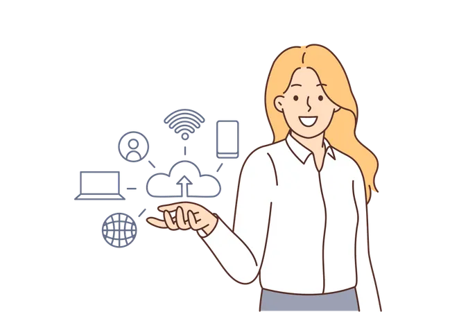 Business Woman Near Symbols Of Cloud Computing Technologies Proposes To Develop Innovative Startup Using Cloud Computing And Data Processing Or Storage Hosting In Companies And Corporations Illustration