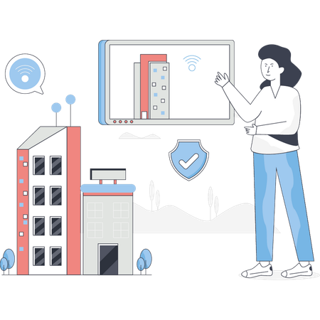 Woman is verifying network in building  Illustration