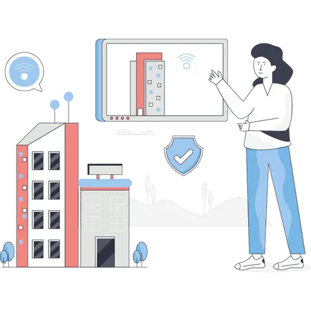 Woman is verifying network in building  Illustration