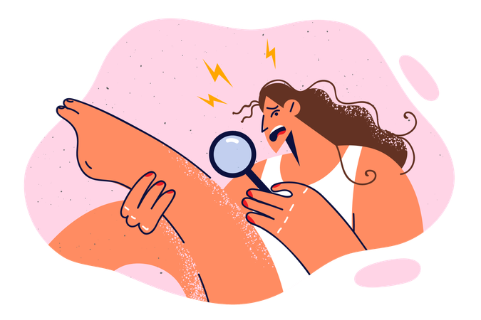 Woman is viewing her leg hair using magnifying glass  일러스트레이션