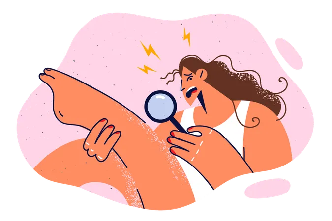 Woman In Need Of Epilation Uses Magnifying Glass And Frightenedly Examines Leg In Search Of Hair Excited Girl Sees Skin Irritation Caused By Improper Epilation Or Sugaring In Beauty Salon Illustration