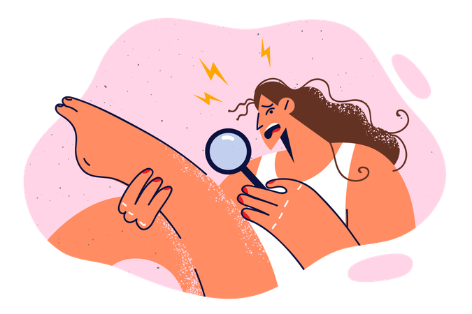 Woman is viewing her leg hair using magnifying glass  Illustration