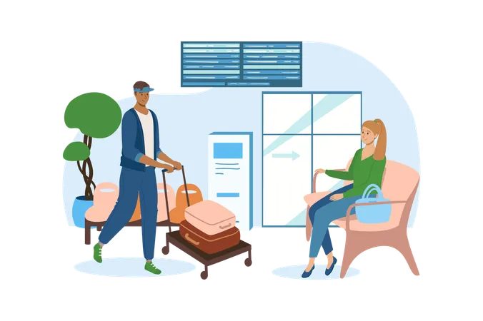 Airport Blue Concept With People Scene In The Flat Cartoon Design Woman Is Waiting For Her Suitcase After The Flight Vector Illustration Illustration