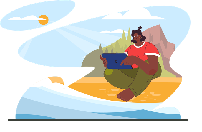Woman is watching online video while sitting at sea-shore  Illustration