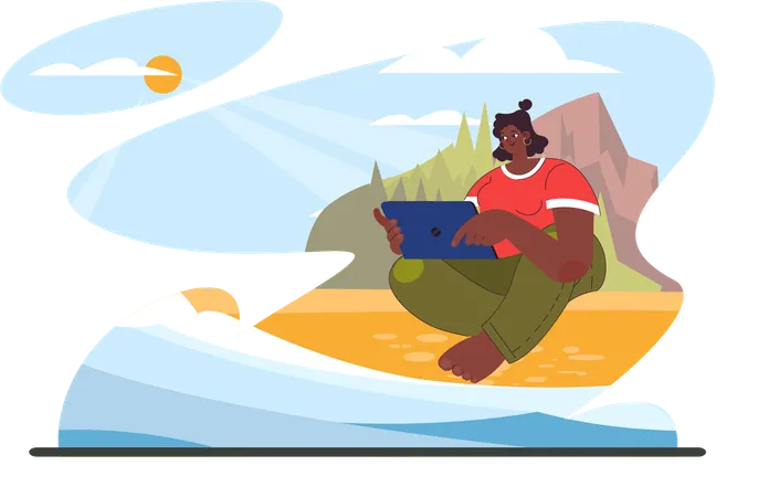Woman is watching online video while sitting at sea-shore  Illustration