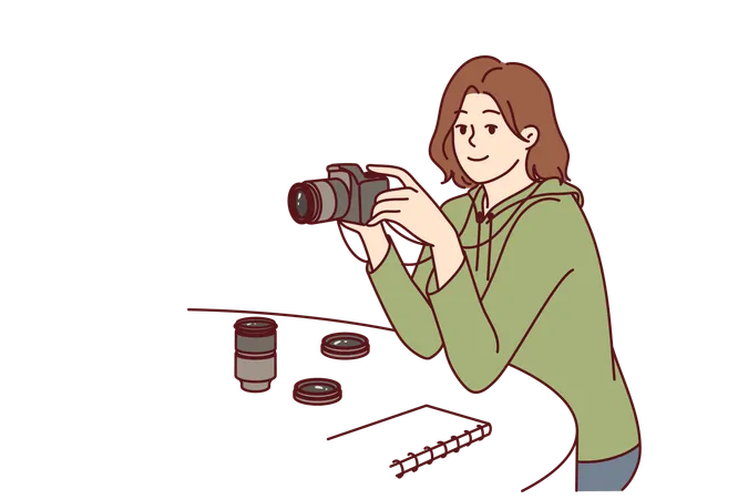 Woman Photographer With Camera Sits At Table Choosing Lens For Photo Essay Or Creating Portrait Of Interlocutor Girl With Camera Works As Newspaper Photographer Taking Pictures For News Publications Illustration