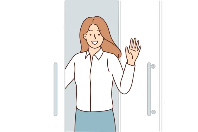 Happy Business Woman Stands At Door Of Business Center Says Welcome And Waves Hand Inviting You To Visit Corporate Office Positive Girl Office Employee Says Goodbye To Colleagues Before Leaving Illustration