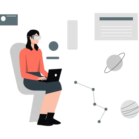 Woman is wearing VR glasses working on chart presentation  Illustration