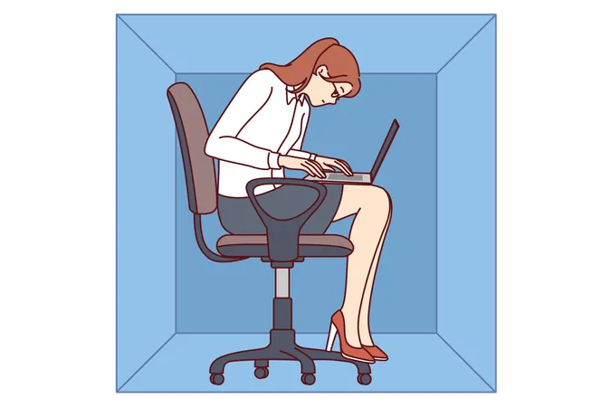 Woman With Laptop Sits In Cardboard Box Typing Article Working In Cramped Office Of Small Company Young Girl Office Worker Is Inconvenienced Due To Lack Of Free Space In Workplace Illustration