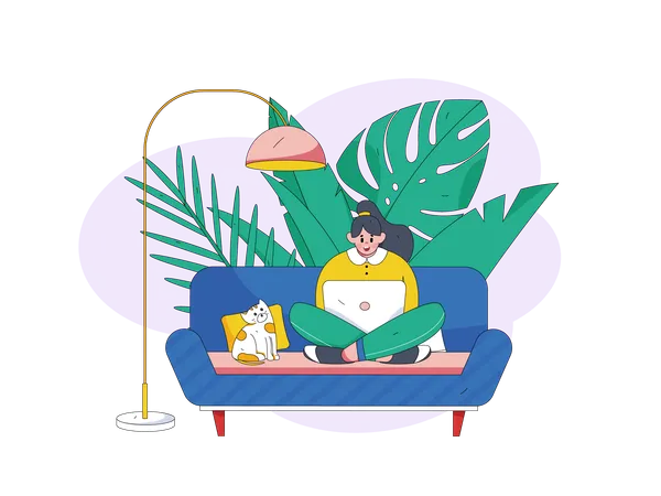 Woman is working on laptop while having fun with cat  Illustration