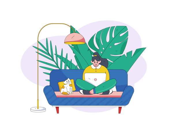 Woman is working on laptop while having fun with cat  Illustration