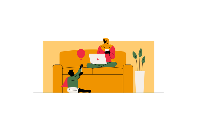 Woman is working on the sofa and her child is playing on the floor Illustration