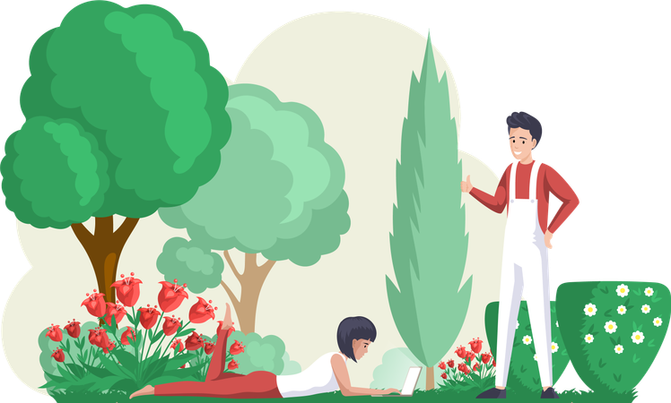 Woman is working remotely on computer while lying on grass  Illustration