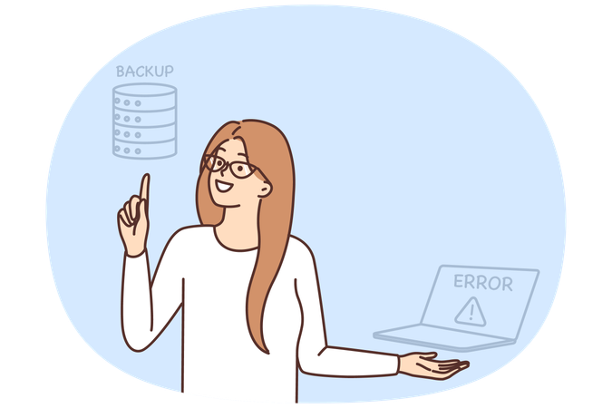 Woman IT specialist wants to recover lost files from backup after laptop crash  Illustration