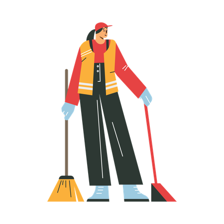 Woman janitor in uniform with equipment  Illustration