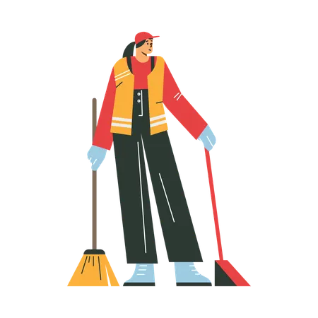 Woman janitor in uniform with equipment  Illustration