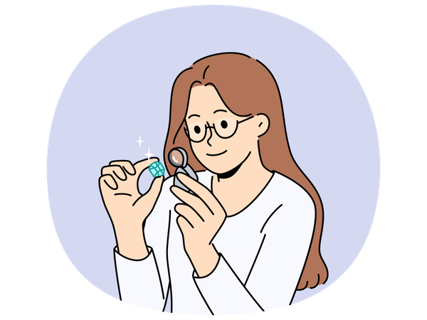 女性宝石商が虫眼鏡で宝石を調べる  イラスト