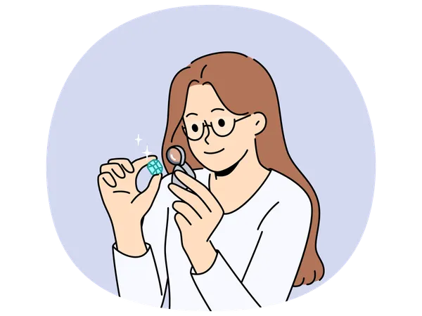 女性宝石商が虫眼鏡で宝石を調べる  イラスト