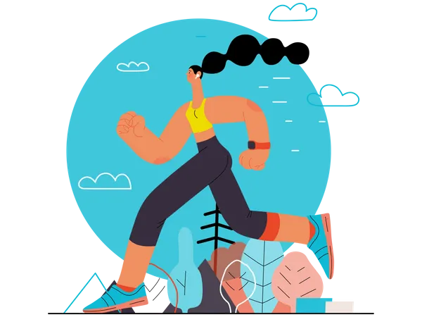 Runner Cross Country Race Flat Vector Concept Illustration Of A Young Woman Wearing T Shirt And Tights Running Outside Healthy Activity And Lifestyle Park Trees Hills Landscape At Dawn Illustration