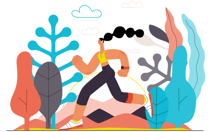 Runner Cross Country Race Flat Vector Concept Illustration Of A Young Woman Wearing T Shirt And Tights Running Outside Healthy Activity And Lifestyle Park Trees Hills Landscape At Dawn イラスト