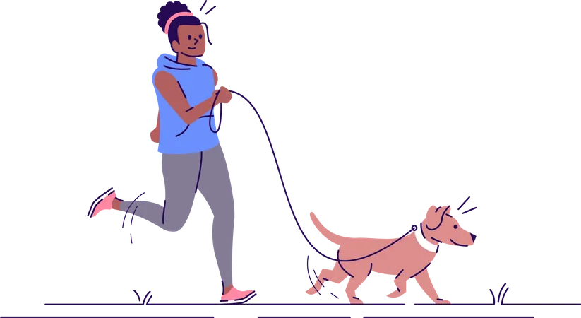 Jogging Woman With Dog Flat Vector Illustration Fitness Sport Activity Attractive African American Girl Running With Pet Isolated Cartoon Characters With Outline Elements On White Background Illustration