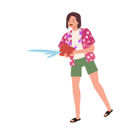Woman Joyfully Splashing Water during Songkarn  Illustration