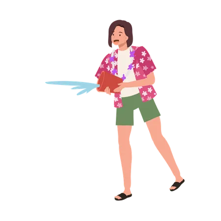 Woman Joyfully Splashing Water during Songkarn  Illustration