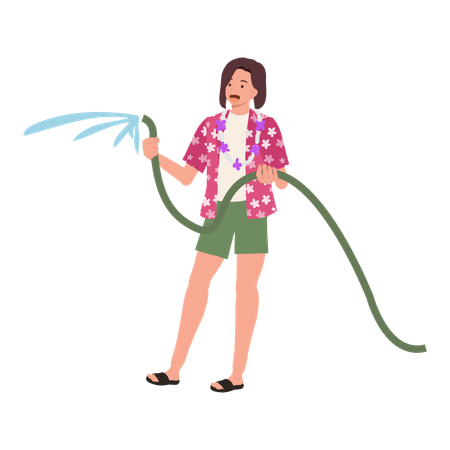 Woman Joyfully Splashing Water from Hose  Illustration