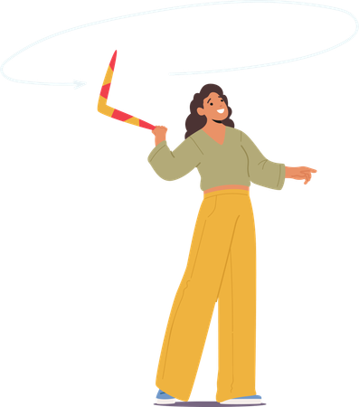 Woman Joyfully Throwing Boomerang In  Air And Exhibiting  Happy Expression  Illustration