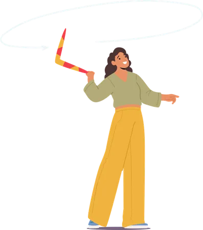 Woman Joyfully Throwing Boomerang In  Air And Exhibiting  Happy Expression  Illustration