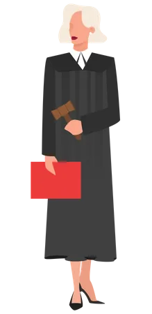 Woman judge wearing traditional black robe holding a folder with the case Illustration