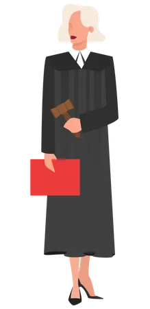 Woman judge wearing traditional black robe holding a folder with the case  Illustration