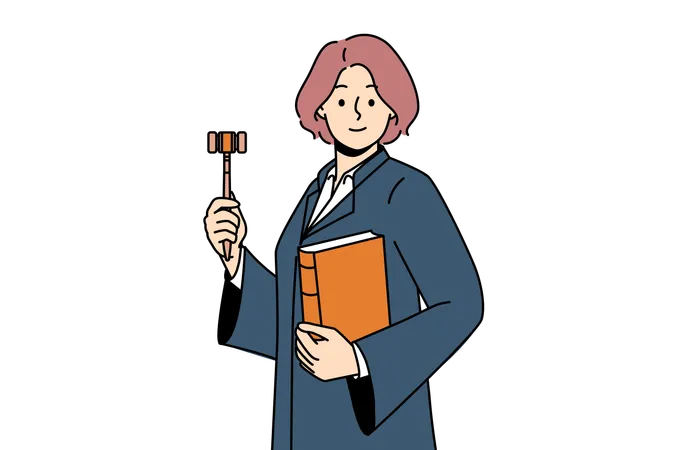 Woman Judge With Wooden Claw And Constitution In Hands Is Ready To Announce Fair Legal Decision Girl In Judge Robe Smiles Rejoicing In Building Successful Career In Field Of Law Illustration